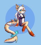 accessory anthro blue_eyes breasts clothed clothing cute_fangs fangs female hair hair_accessory navel navel_piercing non-mammal_breasts piercing relaxing simple_background sitting smile solo swimwear teeth white_hair logoo sushi_(sootsprite) fish marine shark absurd_res hi_res