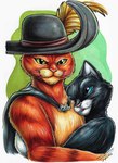 2023 absurd_res anthro black_body black_cape black_clothing black_fur border cape clothing domestic_cat dreamworks duo felid feline felis female fur gradient_background hat headgear headwear hi_res kitty_softpaws lupiarts male mammal puss_in_boots_(character) puss_in_boots_(dreamworks) signature simple_background traditional_media_(artwork) whiskers white_border
