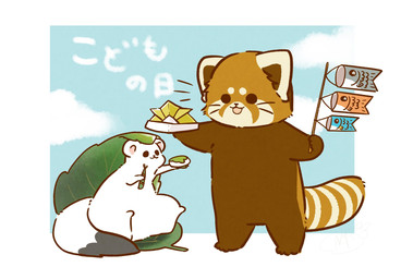 ambiguous_gender biped brown_body brown_fur chibi dot_eyes duo feral fur leaf simple_eyes sitting text white_body white_fur shi_nominmin ailurid mammal mustelid musteline red_panda stoat true_musteline weasel 2020 hi_res japanese_text