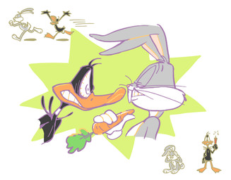 angry anthro carrot clothing duo food gloves handwear humanoid_hands male open_mouth plant running vegetable white_clothing white_gloves white_handwear popcublove looney_tunes warner_brothers bugs_bunny daffy_duck anatid anseriform avian bird duck lagomorph leporid mammal rabbit