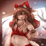 accessory alternate_species anthro blush bow_(feature) bow_accessory bow_ribbon brown_hair centered_hair_bow clothed clothing female fur furrification hair hair_accessory hair_bow hair_ribbon kemono navel open_mouth pawpads red_bow ribbons solo white_body white_fur hawthorn touhou reimu_hakurei canid canine canis domestic_dog mammal hi_res