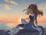 anthro beautiful_background female landscape piercing relaxing rock sea sitting sitting_on_ground solo stripes stripes_fur sunset water gimka avora_kuma domestic_cat felid feline felis mammal pantherine tiger hi_res