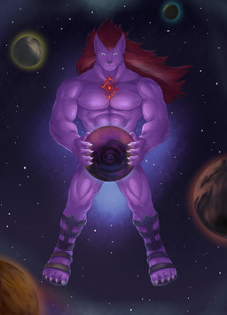 anthro clothing dark feet footwear fur hair macro male muscular muscular_male nude pecs sandals shoes solo universe feizeicao canid canine canis deity mammal wolf absurd_res digital_media_(artwork) hi_res