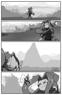 ambiguous_gender bag biped clothed clothed_female clothed_human clothing detailed_background duo female female_human feral forest hair insect_wings long_hair mountain plant ponytail size_difference smaller_feral tree walking wings cuchuflin nintendo pokemon frida_(cuchuflin) romi_(cuchuflin) generation_7_pokemon human mammal pokemon_(species) ribombee 2026 absurd_res comic digital_drawing_(artwork) digital_media_(artwork) greyscale hi_res monochrome
