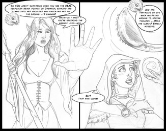 anthro breasts clothed clothed_female clothed_human clothed_humanoid clothing dialogue dress female feral hair humanoid_pointy_ears long_hair pointy_ears staff tentacles text arania dungeons_and_dragons hasbro the_cabin_in_the_woods_(arania) wizards_of_the_coast jack_(tcitw) displacer_beast elf human humanoid mammal comic english_text greyscale hi_res monochrome