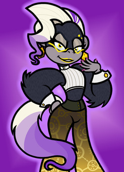 5_fingers anthro arm_tuft black_body black_eyebrows black_fur bottomwear brown_bottomwear brown_clothing brown_pants button_(fastener) claws clothed clothed_anthro clothed_female clothing crop_top cuffs_(clothing) ear_piercing elbow_tuft eyebrows eyewear female female_anthro finger_claws fingers fluffy fluffy_tail fully_clothed fully_clothed_anthro fully_clothed_female fur glasses glowing glowing_body grey_body grey_eyelids grey_skin hair half-closed_eyes highlights_(coloring) light lips long_tail looking_at_viewer midriff multicolored_body multicolored_hair multicolored_tail narrowed_eyes pants piercing purple_claws purple_highlights purple_tail shirt short_hair simple_background smile smiling_at_viewer solo tail toothy_smile topwear tuft two_tone_body two_tone_hair white_clothing white_crop_top white_hair white_tail white_topwear yellow_eyes yellow_eyewear yellow_glasses yellow_lips captainquack64 donkey_kong_(series) donkey_kong_bananza nintendo poppy_kong haplorhine mammal monkey primate 2025 colored digital_drawing_(artwork) digital_media_(artwork) english_description hi_res lighting portrait three-quarter_portrait