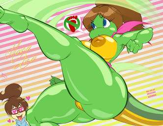 action_pose anthro belly big_breasts big_butt big_nipples biped blue_eyes bodily_fluids breasts brown_hair bubble_butt butt clothed clothing countershading curvy_figure dialogue drooling duo eyelashes eyewear female female/female genitals glasses green_body hair heart_eyes heart_symbol huge_nipples kick long_hair low-angle_view mostly_nude nipples non-mammal_breasts non-mammal_nipples open_mouth open_smile pattern_background ponytail pose raised_leg saliva scarf simple_background smile solo_focus speech_bubble striped_background tail text thick_tail thick_thighs tongue tongue_out voluptuous vulva yellow_belly yellow_body yellow_countershading brendancorris teenage_mutant_ninja_turtles irma_langinstein mona_lisa_(tmnt) human lizard mammal reptile scalie character_name digital_media_(artwork) pictographics