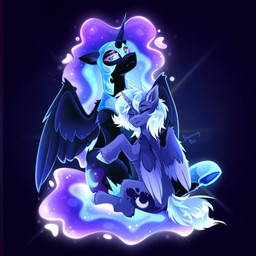 armor black_body black_fur blue_body blue_eyes blue_fur blue_hair blue_sclera cutie_mark duo ethereal_hair ethereal_tail eyebrows eyeliner eyes_closed female fur hair headgear helmet horn hug makeup pupils purple_eyebrows purple_eyeliner purple_hair purple_tail sitting slit_pupils tail wings buvanybu friendship_is_magic hasbro my_little_pony mythology nightmare_moon_(mlp) princess_luna_(mlp) equid equine mammal mythological_creature mythological_equine winged_unicorn 1:1 absurd_res hi_res