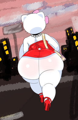 anthro big_breasts big_butt bow_(feature) breasts butt city city_background clothed clothing dress female footwear gem high_heels huge_breasts huge_butt jewelry necklace pearl_(gem) pearl_necklace purse rear_view red_clothing red_dress shoes solo thick_thighs whiskers white_body savagensfw hello_kitty_(series) sanrio hello_kitty_(character) domestic_cat felid feline felis mammal hi_res