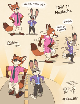 anthro black_facial_hair black_mustache black_nose clothed clothed_anthro clothed_male clothing count day_count duo facial_hair female female_anthro fur grey_body grey_fur larger_anthro larger_male male male_anthro mustache red_body red_fur size_difference smaller_anthro smaller_female speech_bubble stick_figure street tail teeth text tongue walking aar0njay disney inktober inktober_2025 nickelodeon spongebob_squarepants the_spongebob_squarepants_movie zootopia judy_hopps nick_wilde canid canine european_rabbit fox lagomorph leporid mammal oryctolagus rabbit red_fox true_fox 2025 english_text hi_res