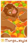 anthro biped bodily_fluids brown_body food fruit humanoid_hands male mango_(fruit) musclegut muscular plant solo sweat text greenendorf mammal suid suina sus_(pig) wild_boar 2014