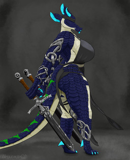 4_ears anthro armwear big_breasts blindfold breasts clothing detailed_scales dual_wielding female holding_object holding_weapon legwear melee_weapon multi_ear scales solo sword tail thick_thighs weapon wreckerqd mythology hriea dragon mythological_creature mythological_scalie scalie absurd_res detailed hi_res signature