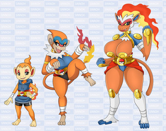 3_toes 5_fingers 5_toes anthro anthrofied belt big_breasts black_eyes blue_eyes breasts clothing feet female fingers fire group huge_breasts jacket orange_body pasties pokeball pokemorph shirt spread_legs spreading standard_pokeball tail thick_thighs toes topwear trio wide_hips urusee584 nintendo pokemon chimchar generation_4_pokemon infernape monferno pokemon_(species) absurd_res hi_res