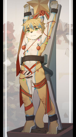 5_fingers anthro bdsm belt biped bondage bondage_furniture bound censor_bar christmas_decorations christmas_lights embarrassed eyes_closed feet fingers foreskin forniphilia genitals green_eyes half-erect hands_above_head holidays humanoid_genitalia humanoid_penis kemono male male_anthro mouth_closed multicolored_body nipple_clamp partially_retracted_foreskin penis plantigrade raised_arms restraints ribbon_bondage ribbons saint_andrew's_cross shota solo spread_eagle standing string_lights tail tiptoes toes two_tone_body white_body yellow_body young young_anthro young_male toye2004 christmas domestic_cat felid feline felis mammal censored full-length_portrait hi_res portrait