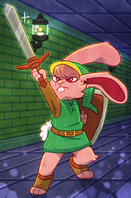 3_toes belt big_ears brick buckteeth clothing detailed_background digitigrade feet footwear fur green_clothing hair hat headgear headwear holding_melee_weapon holding_object holding_shield holding_sword holding_weapon lamp lantern male melee_weapon pink_body pink_fur pink_hair red_eyes shield shirt simple_background solo sword tail teeth toeless_footwear toes topwear tunic weapon crownedvictory nintendo patreon the_legend_of_zelda link_(rabbit_form) lagomorph leporid mammal rabbit 2021 cel_shading hi_res shaded