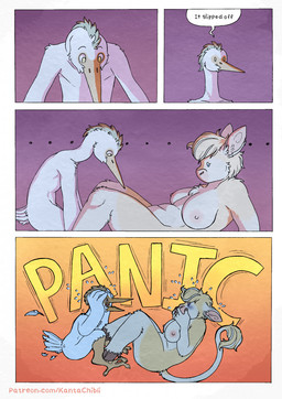 5_fingers after_sex anthro anthro_on_anthro bed bedroom breasts butt dialogue duo ellipsis feathers female fingers fur furniture hooves humanoid_hands interspecies lying lying_on_bed male male/female nipples nude nude_anthro nude_female nude_male on_back on_bed page_number panicking speech_bubble tail tan_body tan_fur text tongue white_body white_feathers kantachibli clover_(kantachibli) phillip_(kantachibli) avian bird bovid bovine cattle heron mammal pelecaniform comic english_text hi_res url