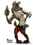 abs alcohol anthro beverage boots bottle bulge champagne_glass clothing container cup drinking_glass footwear fur glass glass_container glass_cup green_eyes grime_the_hyena gun handgun hi_res hyena jwbalsley male mammal markings nipples pecs pistol ranged_weapon sharp_teeth shirtless simple_background smile solo spots spotted_body spotted_fur teeth tongue weapon white_background