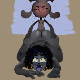 anthro ass_up big_butt black_hair black_spots blue_background blue_highlights blue_tongue blush bodily_fluids breath butt butt_grab curved_horn darkened_nipples ear_piercing ear_ring fangs female flipper_hands floppy_ears from_behind_position front_view glistening glistening_body gold_(metal) gold_ear_ring grey_background grey_body hair hand_on_butt highlights_(coloring) hoop_ear_ring horn larger_sub lying male male/female markings mole_(marking) on_front open_mouth piercing rear_admiral_position ring_piercing sex simple_background size_difference skinny_male spots submissive sweat sweatdrop tears tears_of_pleasure teeth tongue wide_hips big-fig ali_(big-fig) slappy_(big-fig) aquatic bovid caprine caprine_demon demon goat_demon mammal pinniped seal hi_res gynomorph_(lore) trans_(lore) trans_woman_(lore)