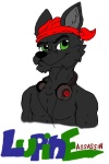 2:3 anthro bandanna biceps black_body black_fur black_nose bust_portrait canid canine canis clothed clothing cookiekangaroo electronics fur green_eyes grin headkerchief headphones kerchief looking_at_viewer lupine_assassin male mammal muscular muscular_anthro muscular_male pecs portrait pose smile solo topless wolf