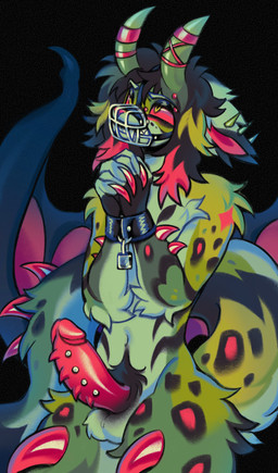 angry anthro back_wings big_penis claws cuff_(restraint) frenum_ladder frenum_piercing genital_piercing genitals horn ladder_piercing locked_up male muzzle_(object) muzzled penis penis_piercing piercing restrained restraints sharp_teeth solo standing teeth wings kvttyklaw canid canine canis hybrid mammal wolf absurd_res hi_res