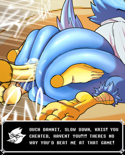 anal anal_penetration anthro balls big_butt blue_body blue_feathers bodily_fluids bottomless bottomless_anthro bottomless_male butt butt_focus butt_grab clothed clothing cum cum_in_ass cum_inside dialogue duo eyewear feathers feet from_behind_position genital_fluids genitals glasses hand_on_butt huge_butt human_penetrating humanoid_feet male male/male male_penetrated male_penetrating male_penetrating_male onomatopoeia penetration penile penile_penetration penis penis_in_ass plantigrade plap plap_(sound) rear_view sex shirt sound_effects tail text topwear white_clothing white_shirt white_topwear sujeito4 deltarune undertale_(series) berdly kris_dreemurr avian human mammal english_text hi_res