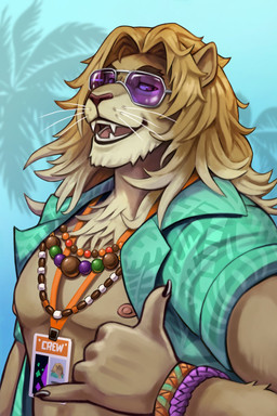 abs anthro areola beaded_jewelry beaded_necklace beads biceps black_lips bracelet claws clothed clothing eyewear fangs finger_claws fur gesture hair hand_gesture jewelry lips looking_aside male muscular muscular_anthro muscular_male necklace nipples open_clothing open_mouth open_shirt open_topwear pecs pose shaka_sign sharp_teeth shirt solo sunglasses tan_body tan_fur teeth tongue topwear whiskers 7theaven epic_games fortnite kingston_(fortnite) felid lion mammal pantherine 2025 2:3 half-length_portrait hi_res pinup portrait