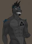 abs anthro athletic biceps black_body black_fur black_hair blue_eyes fangs fur grin hair horn male markings muscular muscular_anthro nude pecs scales simple_background smile solo teeth triforce kajhiro mythology nintendo the_legend_of_zelda drackhan_nakrehz dragon mythological_creature mythological_scalie reptile scalie