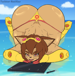 anthro big_butt bikini bikini_bottom brown_hair butt clothing drawing_tablet eyewear eyewear_on_head female female_anthro goggles goggles_on_head hair huge_butt looking_at_viewer outside sea sky solo swimwear thick_thighs two-piece_swimsuit water whiskers ratxiao gameoverse glitch_productions kit_bodega domestic_cat felid feline felis mammal