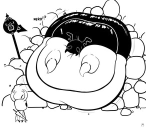 ambiguous_gender antennae_(anatomy) anthro belly big_belly bodily_fluids duo exclamation_point featureless_hands female horn huge_belly immobile larger_female mandibles morbidly_obese morbidly_obese_anthro morbidly_obese_female obese obese_anthro obese_female overweight overweight_anthro overweight_female size_difference smaller_ambiguous stuck surprised sweat sweatdrop text cocoalop12 hollow_knight_(franchise) team_cherry bretta_(hollow_knight) the_knight_(hollow_knight) arthropod beetle insect vessel_(species) absurd_res black_and_white english_text hi_res monochrome