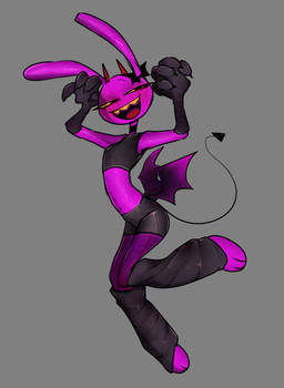 4_fingers anthro armwear blush bottomwear choker claws clothing crop_top ear_bow elbow_gloves fingers gloves handwear horn hotpants jewelry leg_warmers legwear male narrowed_eyes necklace pupils raised_leg red_pupils sharp_teeth shirt shorts smile solo spade_tail tail teeth tight_clothing topwear karnthud glitch_productions the_amazing_digital_circus jax_(tadc) lagomorph leporid mammal rabbit absurd_res hi_res