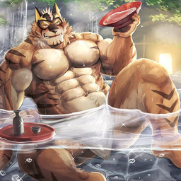 abs alcohol anthro barazoku bathing beverage blush drinking drunk fur hot_spring male muscular muscular_anthro muscular_male nipples pecs sake solo striped_body striped_fur stripes substance_intoxication towel water miazuma_shouki lifewonders live_a_hero ryekie_(live_a_hero) felid mammal pantherine tiger 1:1