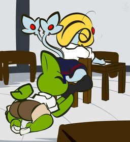 against_desk against_furniture against_surface anthro bottomwear chair clothed clothing desk duo eyes_closed eyewear feet female foot_fetish foot_sniffing footwear furniture glasses inside kneeling legwear male male/female on_chair on_ground open_mouth school simple_background sitting skirt sniffing socks table uniform thefablednekos nintendo pokemon jay_(thefablednekos) shanon_(thefablednekos) generation_2_pokemon generation_4_pokemon larvitar legendary_pokemon pokemon_(species) uxie hi_res