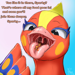 anthro blue_body blue_feathers cheek_markings cheek_spots duo epiglottis extreme_size_difference facial_markings feathers female head_markings imminent_vore macro_female macro_pred male markings micro_male micro_prey mouth_shot multicolored_body multicolored_feathers open_mouth oral_vore red_body red_feathers size_difference soft_vore tail tail_feathers talking_to_prey uvula vore willing_pred minicookiewolf animal_crossing european_mythology greek_mythology mythology nintendo fan_character phoebe_(animal_crossing) avian mythological_avian mythological_bird mythological_creature mythological_firebird phoenix 1:1 hi_res