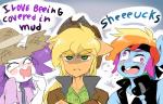 annoyed anthro anthrofied clothing dialogue female group hat headgear headwear horn imitating speech_bubble text thegreatrouge friendship_is_magic hasbro my_little_pony mythology applejack_(mlp) rainbow_dash_(mlp) rarity_(mlp) equid equine horse mammal mythological_creature mythological_equine pony unicorn 2016 english_text hi_res