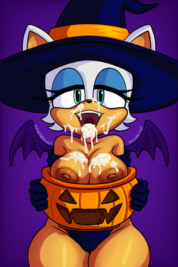 anthro areola bat_wings big_breasts blue_eyeshadow bodily_fluids breasts brown_areola brown_nipples clothing cum cum_in_mouth cum_inside cum_on_breasts cum_on_face cum_on_tongue eyelashes eyeshadow female front_view fur genital_fluids green_eyes hat headgear headwear jack-o'-lantern looking_at_viewer makeup membrane_(anatomy) membranous_wings nipples open_mouth purple_background purple_wings simple_background solo tan_body tan_fur thick_thighs tongue tongue_out white_body white_fur wide_hips wings witch_costume witch_hat mexicanjoe sega sonic_the_hedgehog_(series) rouge_the_bat bat mammal 2:3 absurd_res hi_res