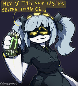 :3 accessory belt big_breasts bottomwear bow_ribbon breasts button_(fastener) can clothing container dialogue earless eyebrows female glowing glowing_eyes grey_hair hair hazard_stripes headband holding_can holding_container holding_object looking_at_viewer machine necktie noseless office_lady offscreen_character pencil_skirt pigtails pockets profanity raised_eyebrow short_hair skirt smile smirk smug smug_face smug_grin solo speech_bubble suit suit_jacket talking_to_viewer text thick_thighs twintails_(hairstyle) unusual_anatomy white_body white_hair wide_hips yellow_eyes yellow_text diddlydooter1 glitch_productions monster_energy murder_drones j_(murder_drones) disassembly_drone humanoid robot robot_humanoid english_text hi_res