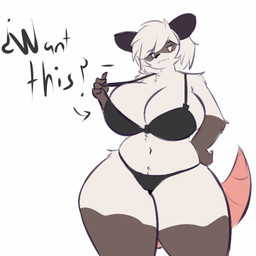 anthro big_breasts big_tail bra bra_pull bra_strap breasts cleavage clothed clothing clothing_pull dialogue female fur hair hand_on_hip huge_breasts navel no_pupils panties simple_background solo tail text underwear underwear_pull voluptuous_anthro voluptuous_female white_body white_fur white_hair maryisabel atlyss sally_(atlyss) american_opossum chang_(atlyss) mammal marsupial 2026 english_text hi_res
