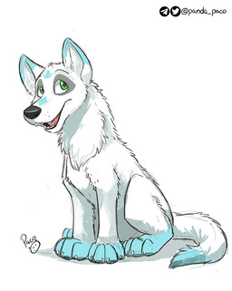 ambiguous_feral ambiguous_gender black_nose blue_markings dipstick_ears ear_markings fangs feral fur glistening glistening_eyes green_eyes logo markings multicolored_ears open_mouth red_tongue simple_background sitting solo teeth tongue white_background white_body white_fur pandapaco canid canine mammal artist_logo signature