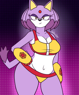 anthro bikini bikini_bralette breasts clothed clothing cosplay crossover_cosplay curvy_figure female fur hair partially_clothed purple_body purple_fur simple_background solo swimwear thick_thighs two-piece_swimsuit yellow_eyes antotheviper gameoverse glitch_productions sega sonic_the_hedgehog_(series) blaze_the_cat kit_bodega domestic_cat felid feline felis mammal absurd_res crossover hi_res