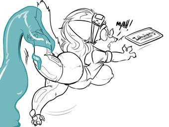 anthro big_breasts breasts dialogue duo electronics eyewear female goggles goo_tentacles imminent_rape imminent_sex imminent_tentacle_rape nude shortstack shortstack_female slightly_chubby solo_focus surprised tablet tablet_computer tentacles text translucent translucent_tentacles daigo felid mammal monster digital_media_(artwork) english_text