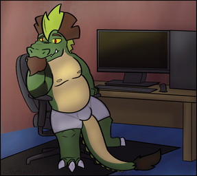 anthro beard black_border border chair clothing computer crocogon eastern electronics facial_hair furniture male markings nipples office_chair overweight overweight_male sitting solo tail underwear outbackdile mythology crocoderg crocodile crocodilian dragon eastern_dragon mythological_creature mythological_scalie reptile scalie full-length_portrait hi_res portrait