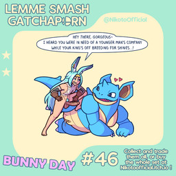 anthro blue_body blue_hair dialogue duo female feral genitals hair heart_symbol horn long_ears long_hair male male/female nude nude_female nude_male raised_leg speech_bubble tail text vulva nikotoofficial cygames dragalia_lost nintendo pokemon luca_(dragalia_lost) generation_1_pokemon humanoid mammal nidoqueen pokemon_(species) 1:1 english_text