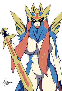 anthro anthrofied areola blue_body blue_fur breasts claws featureless_crotch female front_view fur looking_at_viewer melee_weapon multicolored_body multicolored_fur nude solo sword tan_body tan_fur weapon gearfactory nintendo pokemon canid canine crowned_sword_zacian generation_8_pokemon legendary_pokemon mammal pokemon_(species) zacian