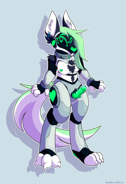 after_transformation anatomically_correct anatomically_correct_genitalia anatomically_correct_penis animal_genitalia anthro augmented blush blush_lines body_hair bound chest_hair cleavage_cutout collar cuff_(restraint) cutout cybernetics drone dronification encasement erection genitals glowing implied_transformation knot knotted_penis machine male metal_collar metal_cuffs metallic_body midriff nipples penis piercing pubes restraints robot_transformation screen screen_face solo roomwithavoid theta_(arsononymous) canid canine cyborg mammal robot absurd_res full-length_portrait hi_res portrait