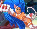 attack attack_pose big_hair blue_hair claws convenient_censorship curled_tail female fur green_eyes hair solo tail tan_body uppercut well white_body white_fur geminart capcom darkstalkers felicia_(darkstalkers) felid feline humanoid mammal werecat werecreature werefelid werefeline 2024 absurd_res digital_drawing_(artwork) digital_media_(artwork) digital_painting_(artwork) hi_res