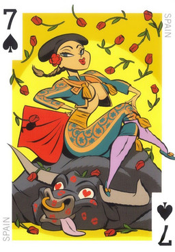 bullfighter card duo female feral horn kiss_mark male male/female petals rose_petals spain spanish bill_presing bovid bovine cattle human mammal