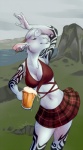 alcohol anthro beer beverage bottomwear breasts clothed clothing ear_piercing eyes_closed female food grin high-angle_view highlands horn outside pattern_bottomwear pattern_clothing pattern_skirt piercing plaid plaid_bottomwear plaid_clothing plaid_skirt scotland scottish_highlands skimpy skirt smile solo tattoo demicoeur moo_lawgoat bovid caprine goat mammal digital_media_(artwork)