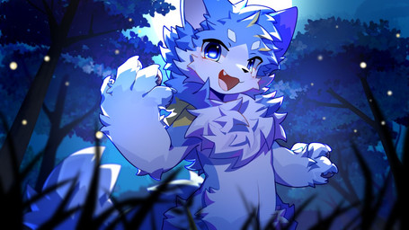 4_fingers anthro biped blue_body blue_eyes blue_fur blush blush_lines cute_fangs fangs fingers fluffy fluffy_tail forest forest_background full_moon fur grass inner_ear_fluff kemono light looking_at_viewer male markings moon moonlight multicolored_body multicolored_fur nature nature_background night open_mouth open_smile outside plant smile smiling_at_viewer solo standing tail teeth tree tuft white_body white_fur yellow_markings hlg7777 arthropod beetle canid canine canis elateroid firefly insect mammal wolf 16:9 2026 cel_shading cool_colors digital_drawing_(artwork) digital_media_(artwork) shaded wallpaper widescreen