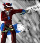 alternative_fashion anthro belt clothed clothing cog fully_clothed furgonomics hat headgear headwear male melee_weapon mobster necktie outside pouches raining solo steampunk suit sword weapon makarimorph canid canine canis mammal wolf digital_media_(artwork)