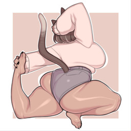 5_toes animal_ears big_breasts big_butt bottomwear breasts brown_hair butt clothed clothed_female clothed_humanoid clothing curvy_figure feet female female_humanoid fingers furgonomic_bottomwear furgonomics geometric_background grey_bottomwear grey_clothing grey_shorts hair hand_behind_head hand_on_own_foot pose rear_view short shorts simple_background solo stretching sweater tan_body tan_clothing tan_skin tan_sweater tan_topwear thick_thighs toes topwear onae_ane cat_(onae_ane) animal_humanoid cat_humanoid felid felid_humanoid feline feline_humanoid humanoid mammal mammal_humanoid 1:1 2025 digital_drawing_(artwork) digital_media_(artwork) full-length_portrait hi_res portrait